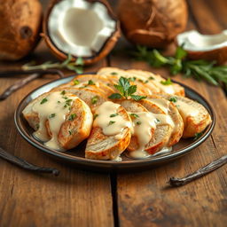 Slices of cooked chicken breast infused with coconut milk and vanilla, elegantly plated and garnished with fresh herbs