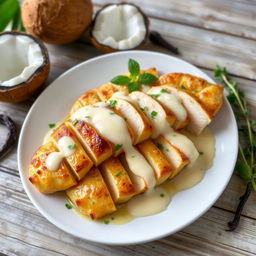 Slices of cooked chicken breast infused with coconut milk and vanilla, elegantly plated and garnished with fresh herbs