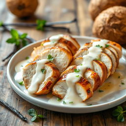 Slices of cooked chicken breast infused with coconut milk and vanilla, elegantly plated and garnished with fresh herbs