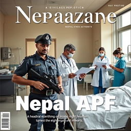 A powerful and striking magazine cover featuring an armed police officer, a doctor, and nurses in a Nepal APF hospital setting