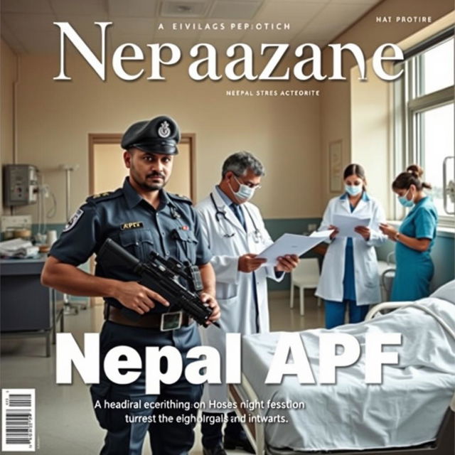 A powerful and striking magazine cover featuring an armed police officer, a doctor, and nurses in a Nepal APF hospital setting