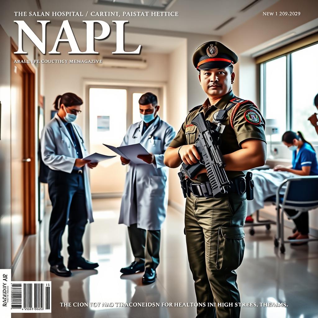 A powerful and striking magazine cover featuring an armed police officer, a doctor, and nurses in a Nepal APF hospital setting
