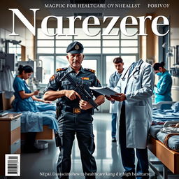 A powerful and striking magazine cover featuring an armed police officer, a doctor, and nurses in a Nepal APF hospital setting