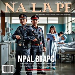 A powerful and striking magazine cover featuring an armed police officer, a doctor, and nurses in a Nepal APF hospital setting