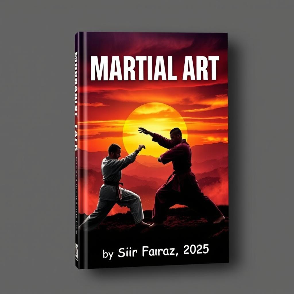 A striking and dynamic book cover for the title 'Martial Art' by Sir Faraz, featuring an intense scene of martial artists engaged in a traditional combat pose