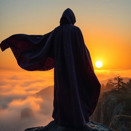 A mysterious figure wearing a flowing cloak, standing atop a foggy mountain peak at sunrise