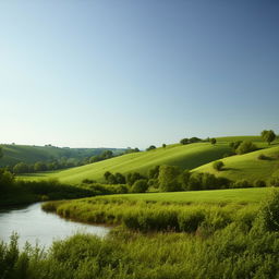 Generate a tranquil and serene landscape painting for a homely setting featuring rolling hills, clear blue skies, and a gentle river with lush greenery.