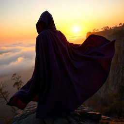 A mysterious figure wearing a flowing cloak, standing atop a foggy mountain peak at sunrise