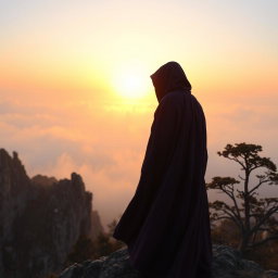 A mysterious figure wearing a flowing cloak, standing atop a foggy mountain peak at sunrise