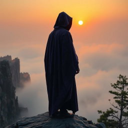 A mysterious figure wearing a flowing cloak, standing atop a foggy mountain peak at sunrise