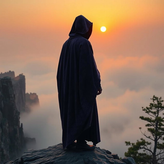 A mysterious figure wearing a flowing cloak, standing atop a foggy mountain peak at sunrise