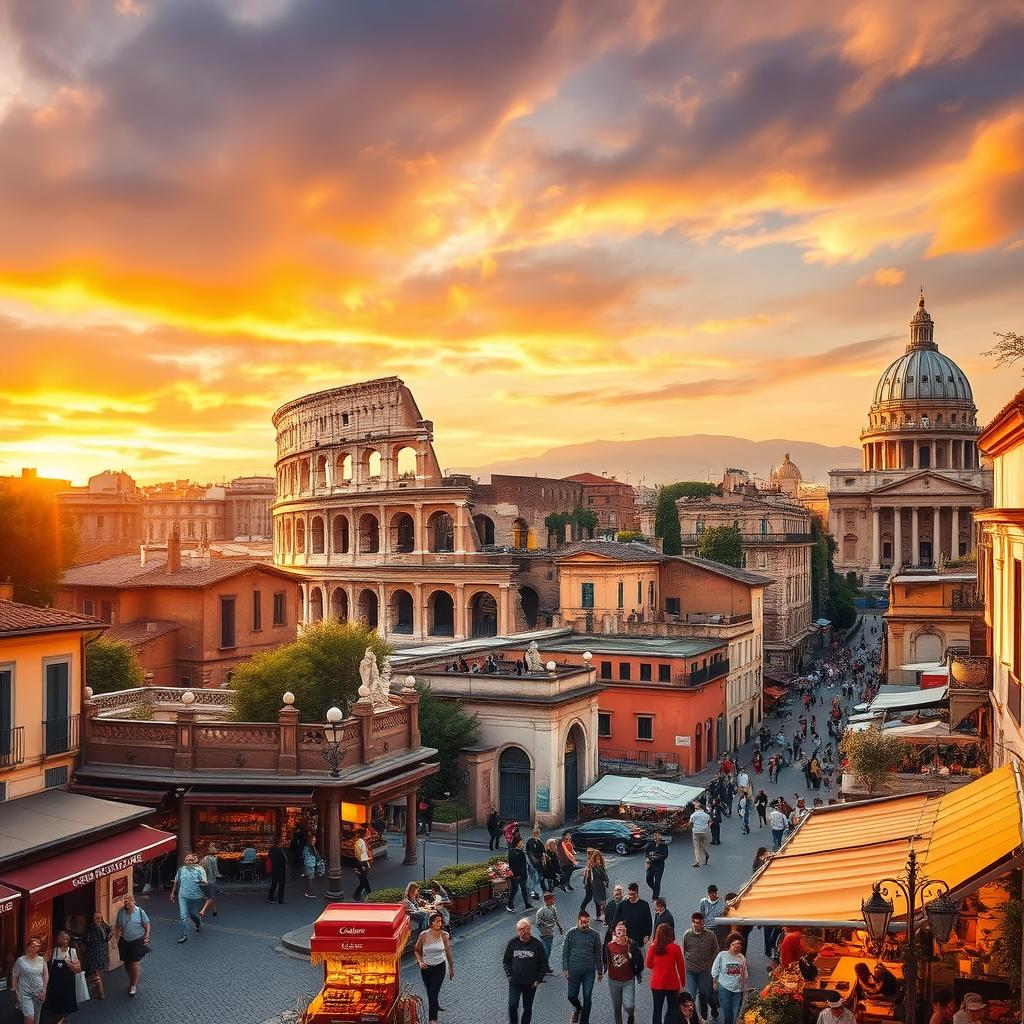 A vibrant cityscape of Rome featuring iconic landmarks such as the Colosseum and the Vatican, bathed in golden sunset light