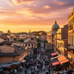 A vibrant cityscape of Rome featuring iconic landmarks such as the Colosseum and the Vatican, bathed in golden sunset light