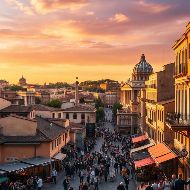 A vibrant cityscape of Rome featuring iconic landmarks such as the Colosseum and the Vatican, bathed in golden sunset light