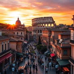 A vibrant cityscape of Rome featuring iconic landmarks such as the Colosseum and the Vatican, bathed in golden sunset light