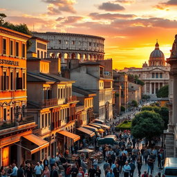 A vibrant cityscape of Rome featuring iconic landmarks such as the Colosseum and the Vatican, bathed in golden sunset light