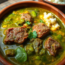 A vibrant and colorful bowl of Romazava, a traditional Malagasy dish
