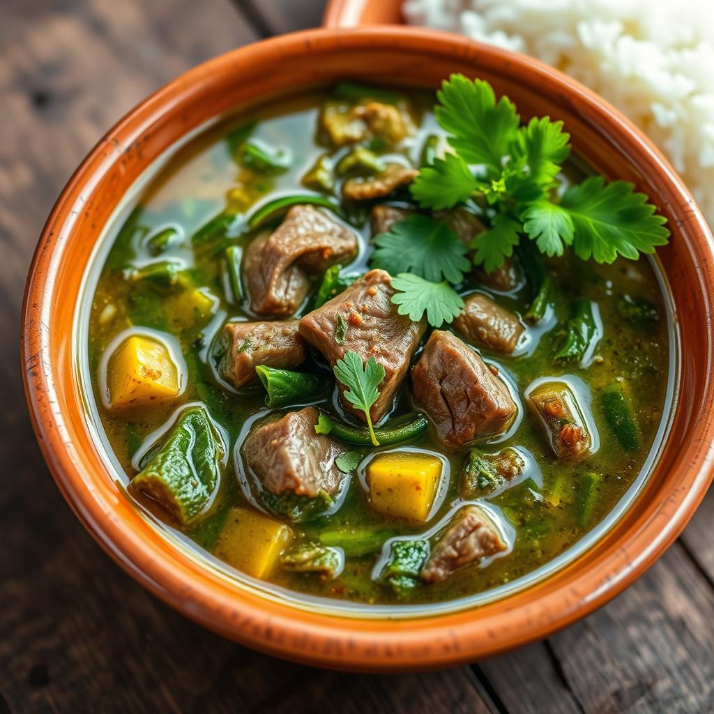 A vibrant and colorful bowl of Romazava, a traditional Malagasy dish