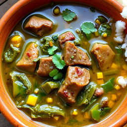 A vibrant and colorful bowl of Romazava, a traditional Malagasy dish