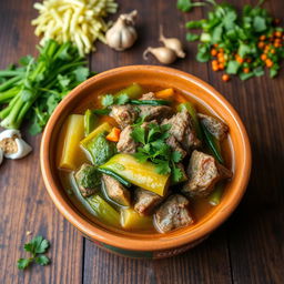 A vibrant and colorful presentation of Romazava, a traditional Malagasy dish featuring a mix of greens, such as cassava leaves, accompanied by tender pieces of beef or pork, simmered in a flavorful broth