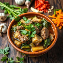 A vibrant and colorful presentation of Romazava, a traditional Malagasy dish featuring a mix of greens, such as cassava leaves, accompanied by tender pieces of beef or pork, simmered in a flavorful broth
