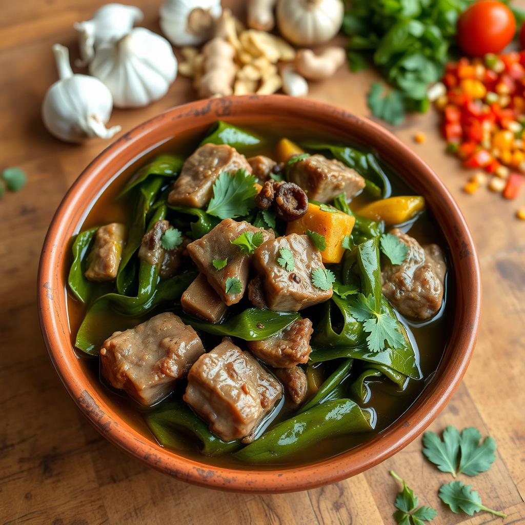A vibrant and colorful presentation of Romazava, a traditional Malagasy dish featuring a mix of greens, such as cassava leaves, accompanied by tender pieces of beef or pork, simmered in a flavorful broth