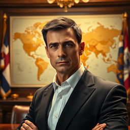 A highly detailed portrait of a middle-aged man with short, dark hair and sharp features, dressed in a tailored dark suit and white shirt, standing confidently in an elegant office setting adorned with maps and flags in the background