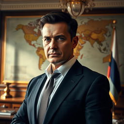A highly detailed portrait of a middle-aged man with short, dark hair and sharp features, dressed in a tailored dark suit and white shirt, standing confidently in an elegant office setting adorned with maps and flags in the background