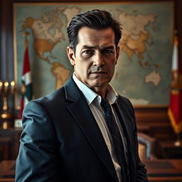 A highly detailed portrait of a middle-aged man with short, dark hair and sharp features, dressed in a tailored dark suit and white shirt, standing confidently in an elegant office setting adorned with maps and flags in the background