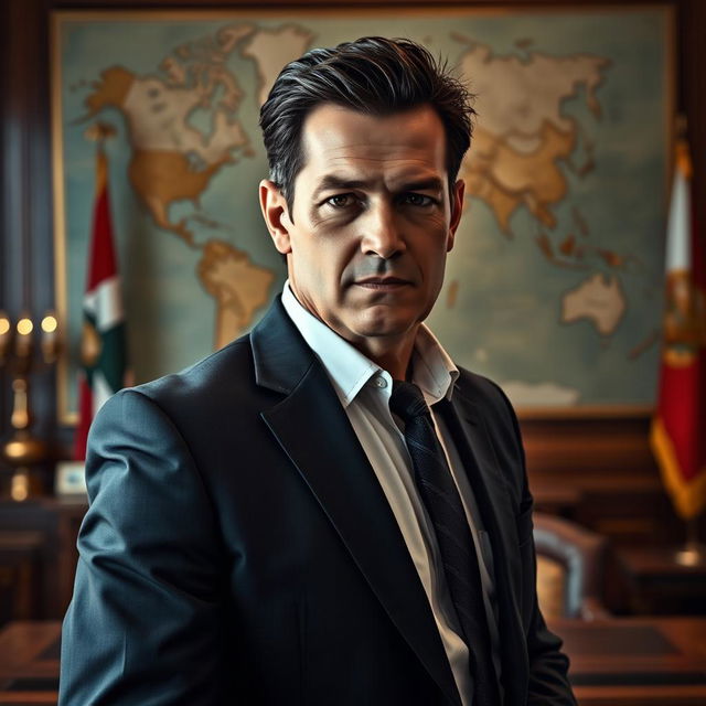 A highly detailed portrait of a middle-aged man with short, dark hair and sharp features, dressed in a tailored dark suit and white shirt, standing confidently in an elegant office setting adorned with maps and flags in the background