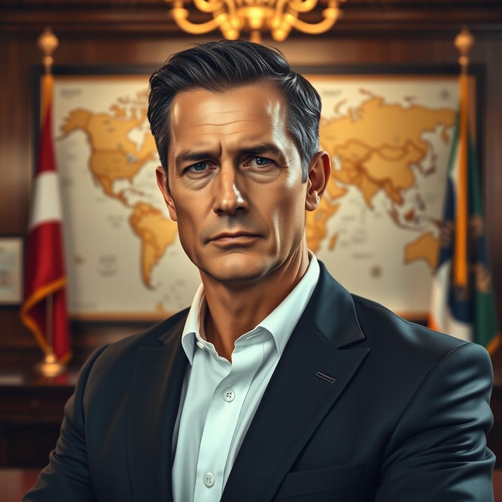 A highly detailed portrait of a middle-aged man with short, dark hair and sharp features, dressed in a tailored dark suit and white shirt, standing confidently in an elegant office setting adorned with maps and flags in the background
