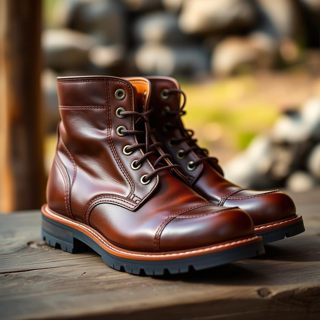 A stylish pair of men's boots, showcasing a rich brown leather with intricate stitching and a polished finish