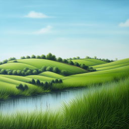 Generate a tranquil and serene landscape painting for a homely setting featuring rolling hills, clear blue skies, and a gentle river with lush greenery.