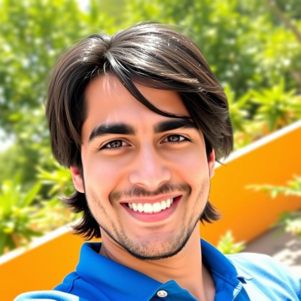A stylized selfie of a person named Ahmad Foruzandeh, showcasing a bright, sunny background with vibrant colors