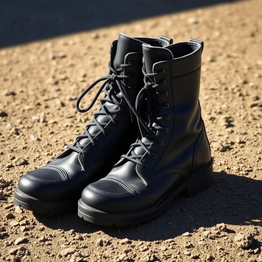 A stylish pair of military boots, rugged and durable, featuring thick black leather, heavy-duty laces, and a cushioned sole