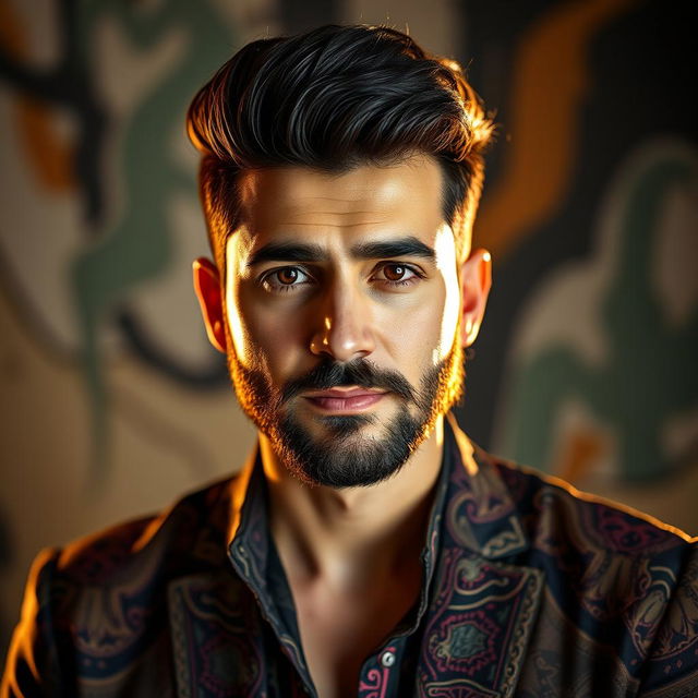 A striking portrait of Majed Loweimi, showcasing his charismatic personality and unique style, featuring a well-groomed beard, stylish hair, and expressive eyes