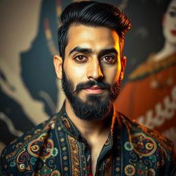 A striking portrait of Majed Loweimi, showcasing his charismatic personality and unique style, featuring a well-groomed beard, stylish hair, and expressive eyes