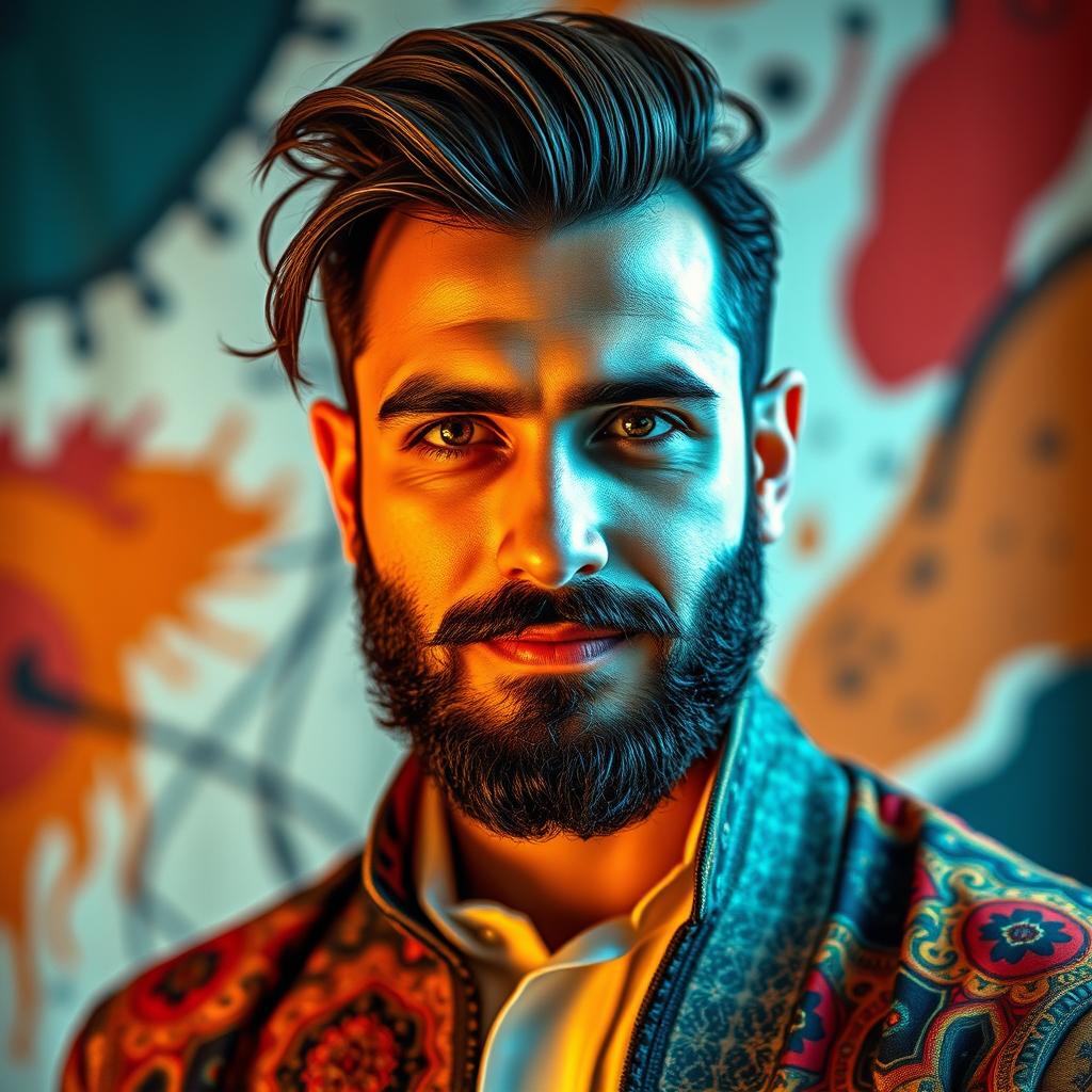 A striking portrait of Majed Loweimi, showcasing his charismatic personality and unique style, featuring a well-groomed beard, stylish hair, and expressive eyes