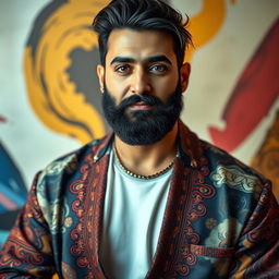 A striking portrait of Majed Loweimi, showcasing his charismatic personality and unique style, featuring a well-groomed beard, stylish hair, and expressive eyes