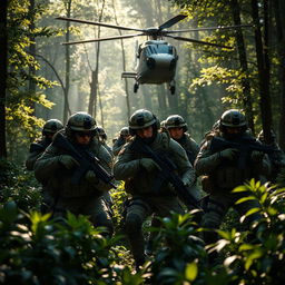An impressive military scene featuring a group of soldiers in tactical gear, expertly coordinated during a training exercise in a dense forest