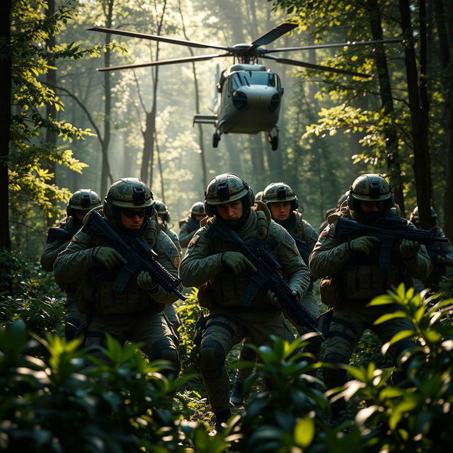 An impressive military scene featuring a group of soldiers in tactical gear, expertly coordinated during a training exercise in a dense forest