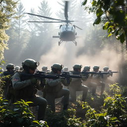 An impressive military scene featuring a group of soldiers in tactical gear, expertly coordinated during a training exercise in a dense forest