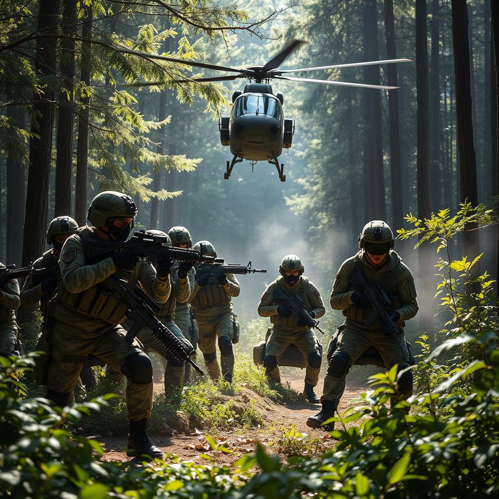 An impressive military scene featuring a group of soldiers in tactical gear, expertly coordinated during a training exercise in a dense forest