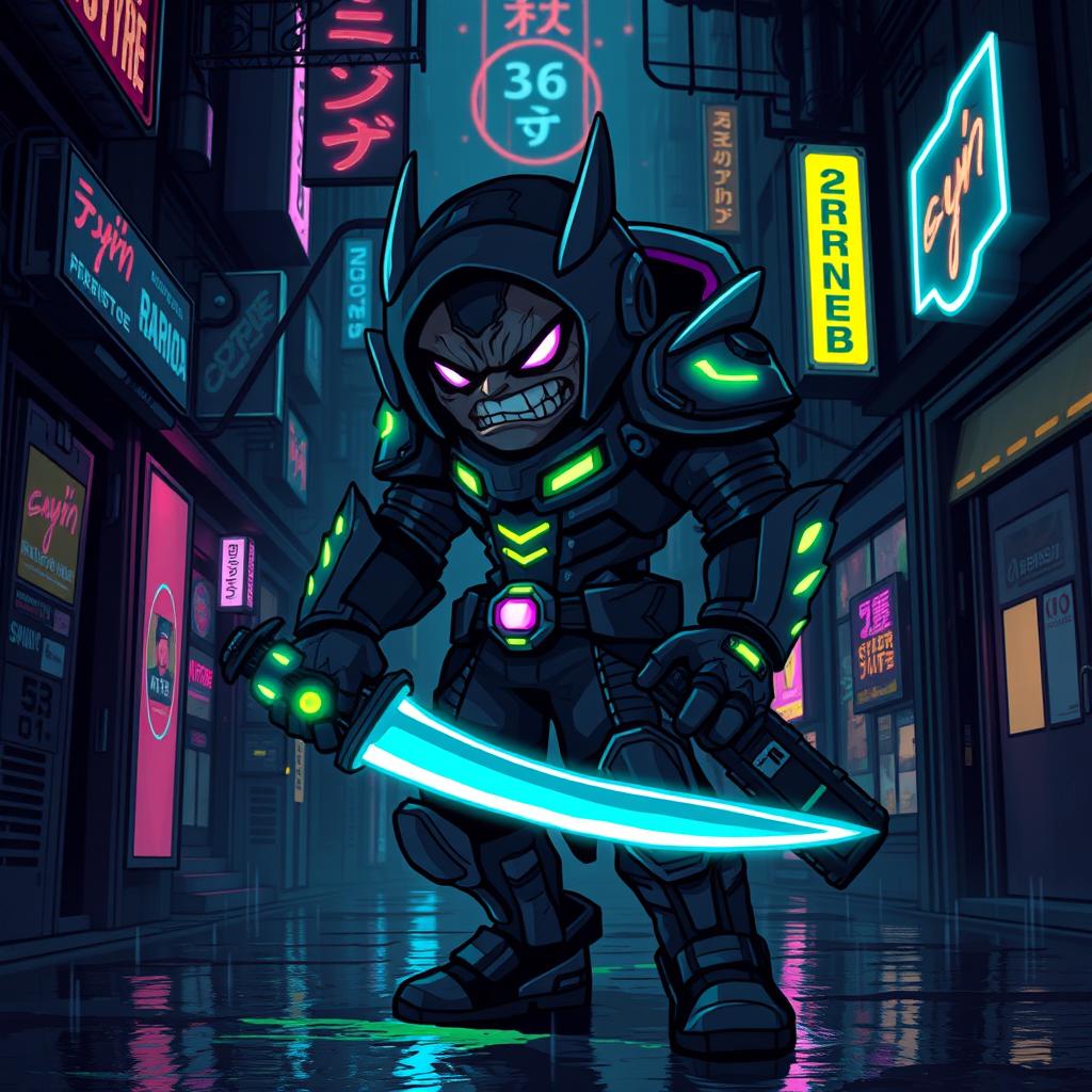 A menacing cyberpunk enemy character in pixel art style, featuring glowing neon accents, a futuristic armor with sharp edges, a cybernetic arm, and a fierce expression