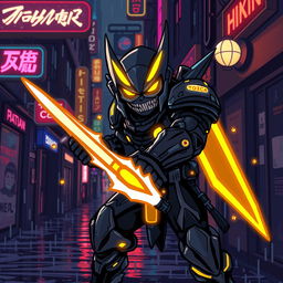 A menacing cyberpunk enemy character in pixel art style, featuring glowing neon accents, a futuristic armor with sharp edges, a cybernetic arm, and a fierce expression