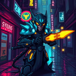 A menacing cyberpunk enemy character in pixel art style, featuring glowing neon accents, a futuristic armor with sharp edges, a cybernetic arm, and a fierce expression
