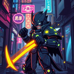 A menacing cyberpunk enemy character in pixel art style, featuring glowing neon accents, a futuristic armor with sharp edges, a cybernetic arm, and a fierce expression