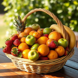 A beautifully arranged fruit basket overflowing with a variety of fresh, colorful fruits including ripe strawberries, juicy oranges, green apples, and yellow bananas