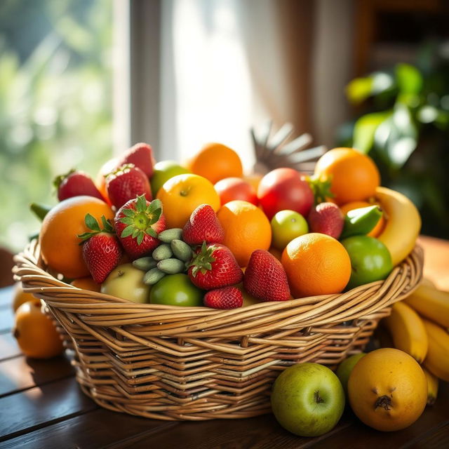 A beautifully arranged fruit basket overflowing with a variety of fresh, colorful fruits including ripe strawberries, juicy oranges, green apples, and yellow bananas