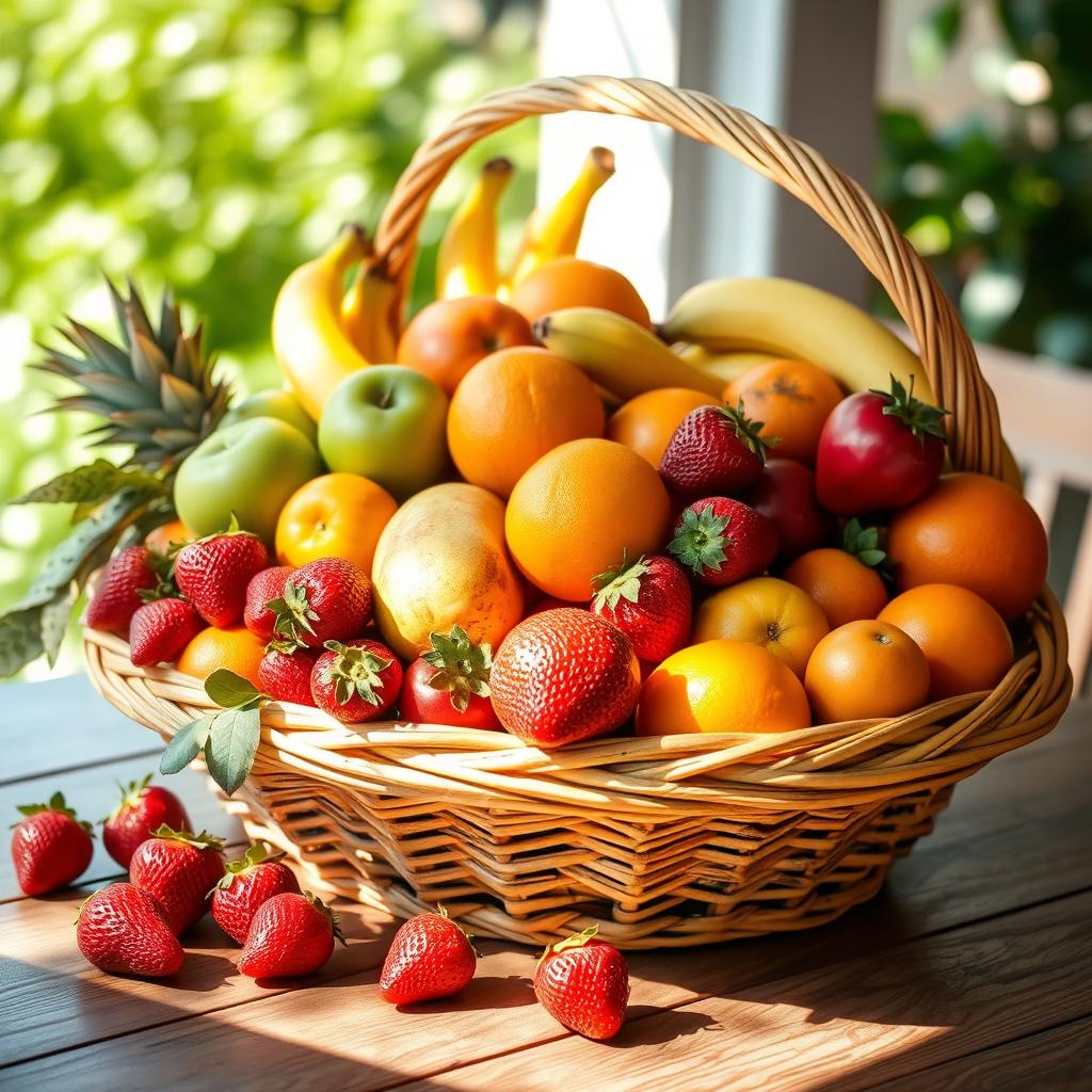 A beautifully arranged fruit basket overflowing with a variety of fresh, colorful fruits including ripe strawberries, juicy oranges, green apples, and yellow bananas